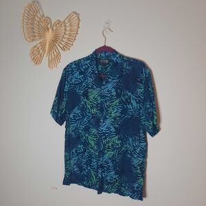 Tantrums Men's Shirt in Blue and Green Batik Style Button Down Short Sleeve